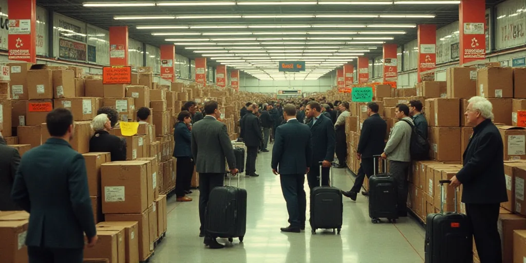 a large group of people in a store with lots of boxes and signs on them and a lot of people with lug