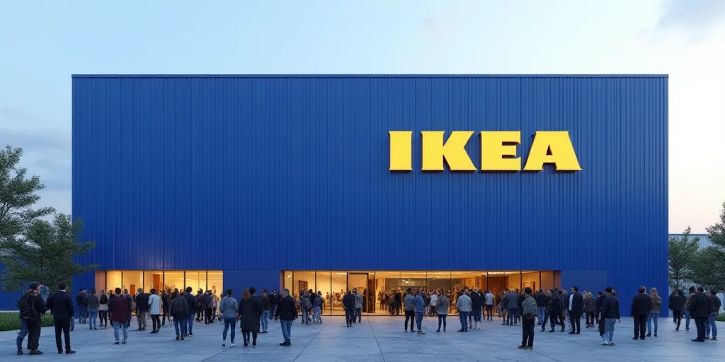 a large group of people standing in front of a blue building with a ikea sign on it's side, Andries