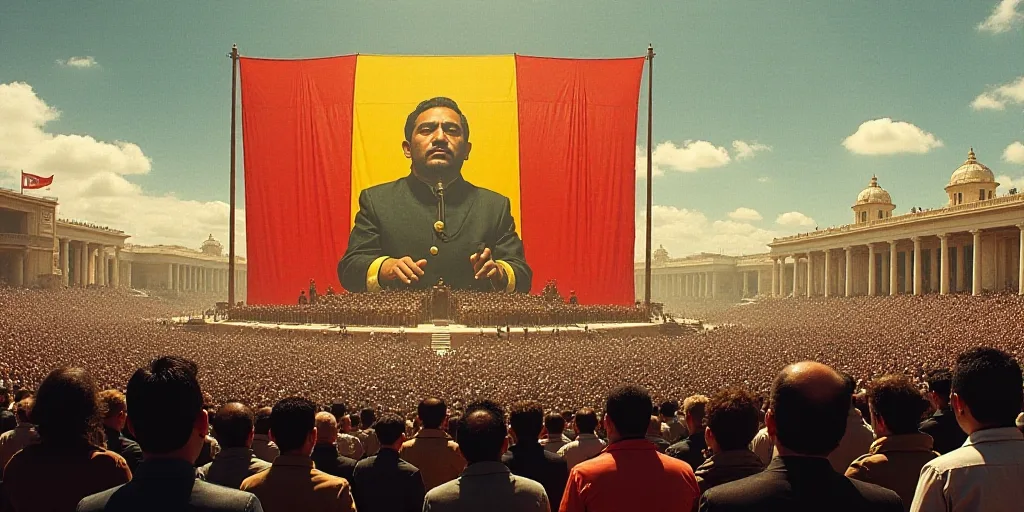 a large group of people standing in front of a flag banner and a stage with a speaker on it, David A