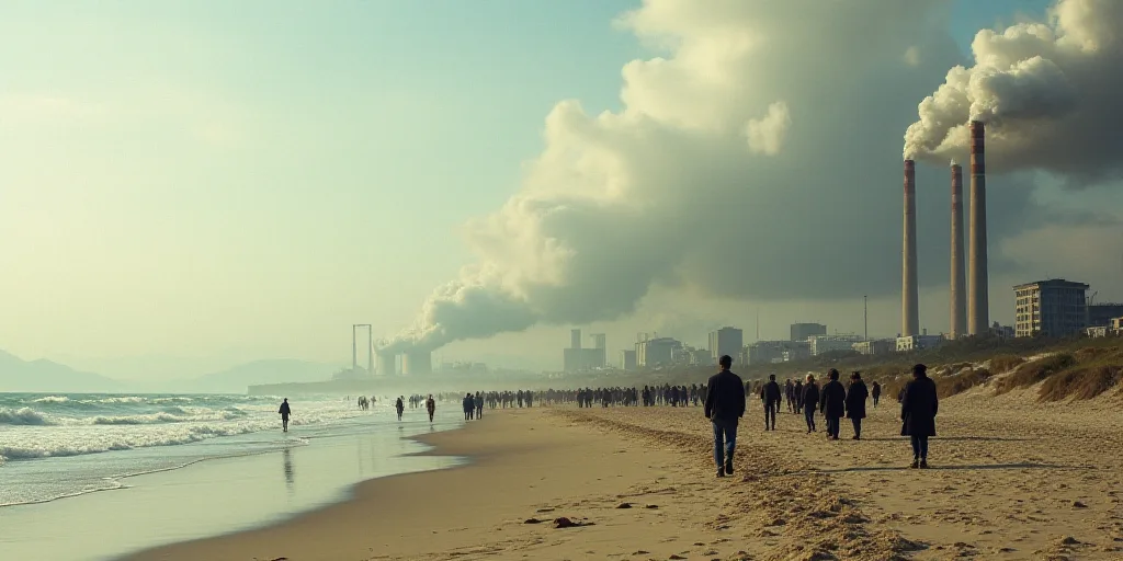 a large group of people standing on a beach next to a city with smoke coming out of the stacks, De H