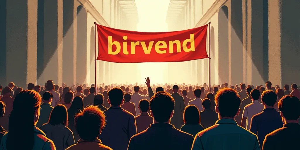 a large group of people standing in a building with a banner above them that says birvend, Avgust Č