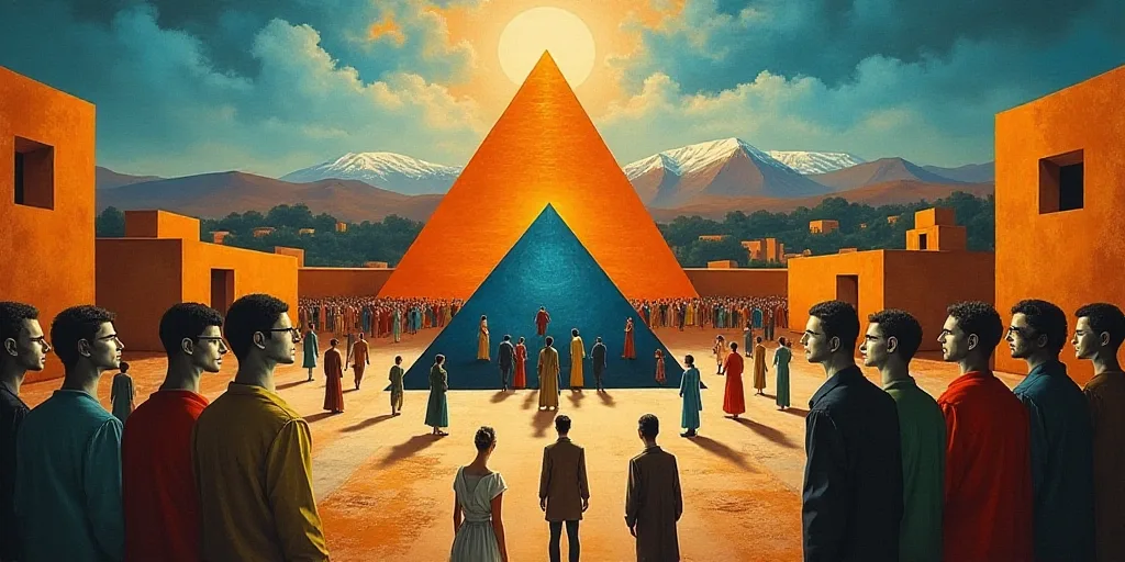 a large group of people standing around a building with a pyramid in the middle of it and a pyramid