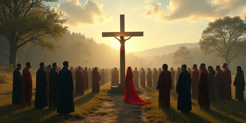 a large group of people standing around a cross on a hill with trees in the background and a person