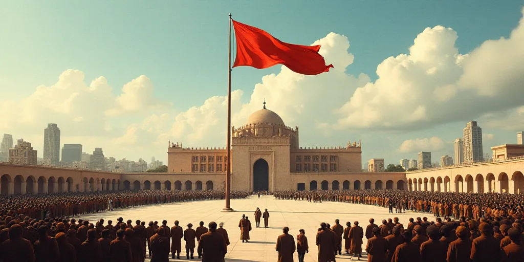 a large group of people standing around a large building with a flag flying in the air over it and a