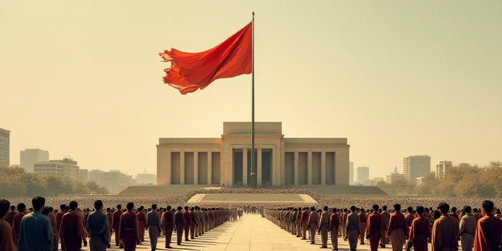a large group of people standing around a large building with a flag flying in the air over it and a
