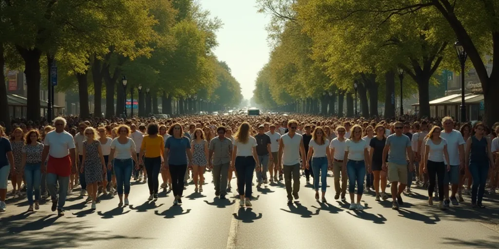 a large group of people walking down a street with trees in the background and a sign in the middle
