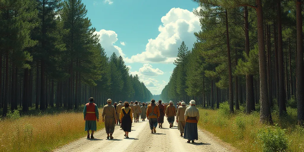 a large group of people walking down a road in the woods, with trees in the background and a blue sk