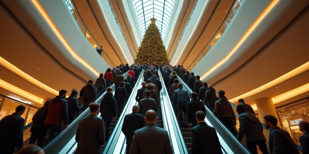 a large group of people walking up and down a mall escalator with a christmas tree in the middle, Er