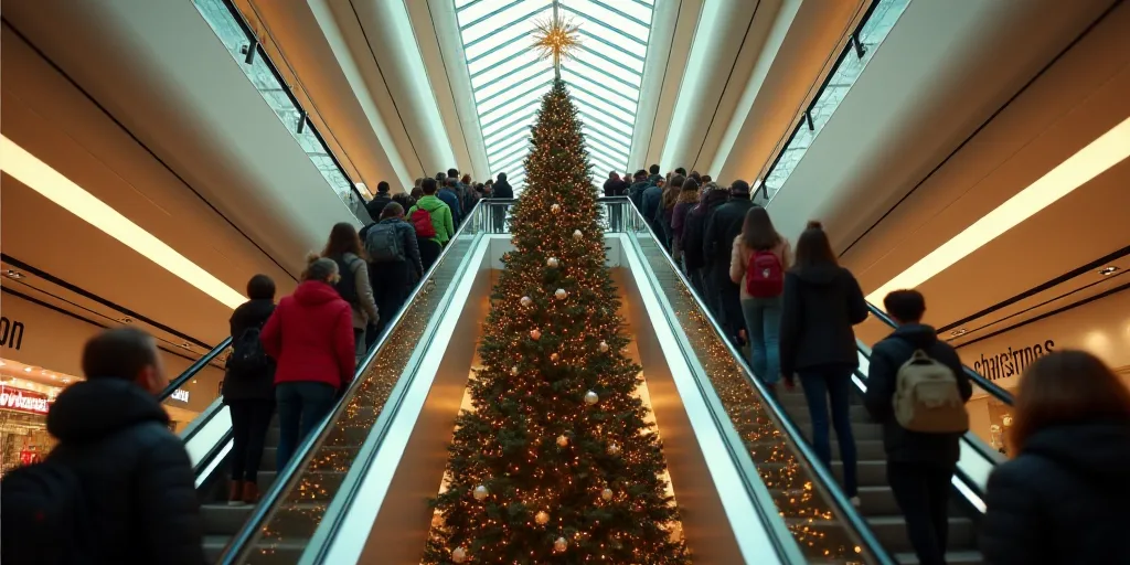 a large group of people walking up and down a mall escalator with a christmas tree in the middle, Er
