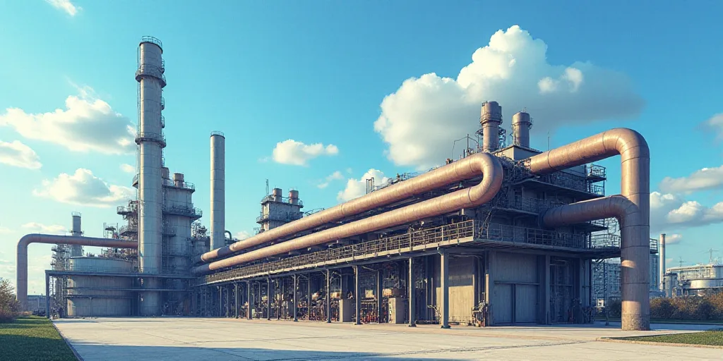 a large group of pipes and pipes in a factory area with blue sky in the background and a few clouds