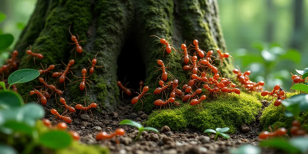 a large group of red ants crawling on a tree in a forest area with lots of green leaves and a mossy