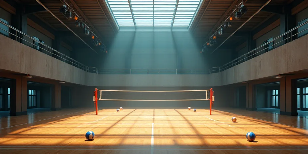 a large indoor gym with a volleyball net and volleyball balls on the floor and a volleyball net in t