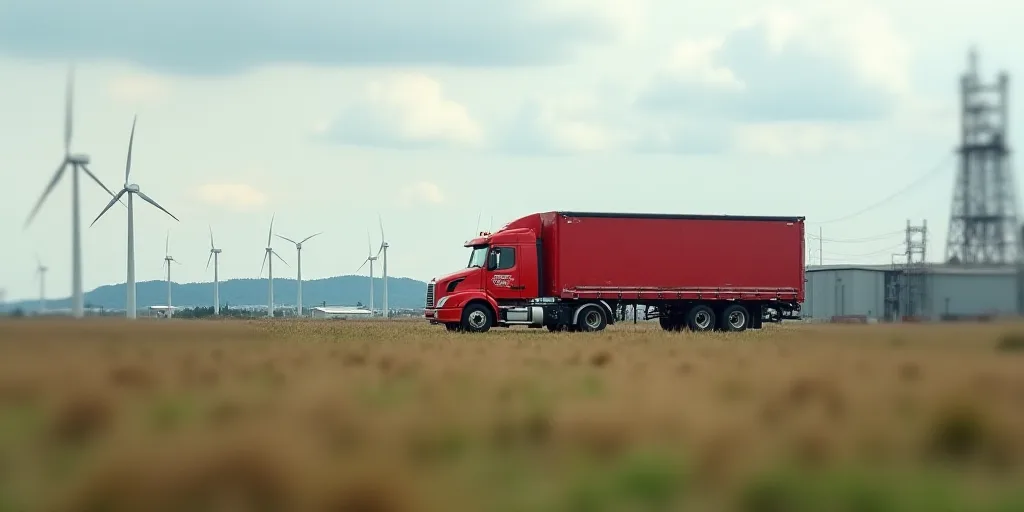 a large industrial area with a wind farm and wind turbines in the background and a red truck parked