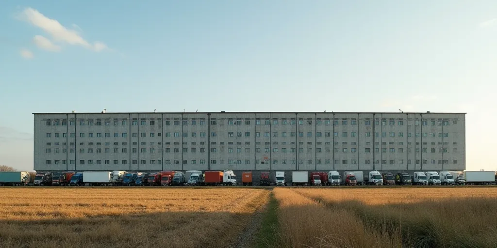 a large industrial building with many windows and a lot of trucks parked in front of it and a field,