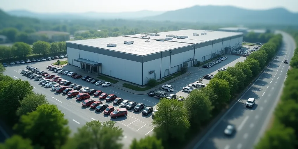 a large industrial building with a lot of cars parked in front of it and a highway running through i