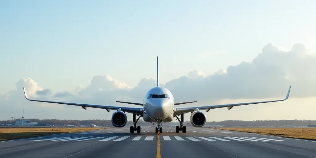 a large jetliner sitting on top of an airport runway next to a runway with a sky background and a fe