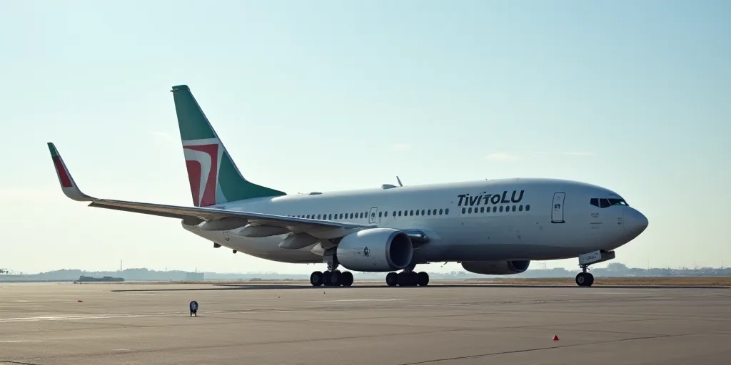 a large jetliner sitting on top of an airport tarmac with a flag on it's side, Ei-Q, blunt borders,