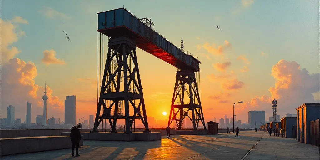 a large metal structure with a sun setting behind it and a sky background with buildings in the back