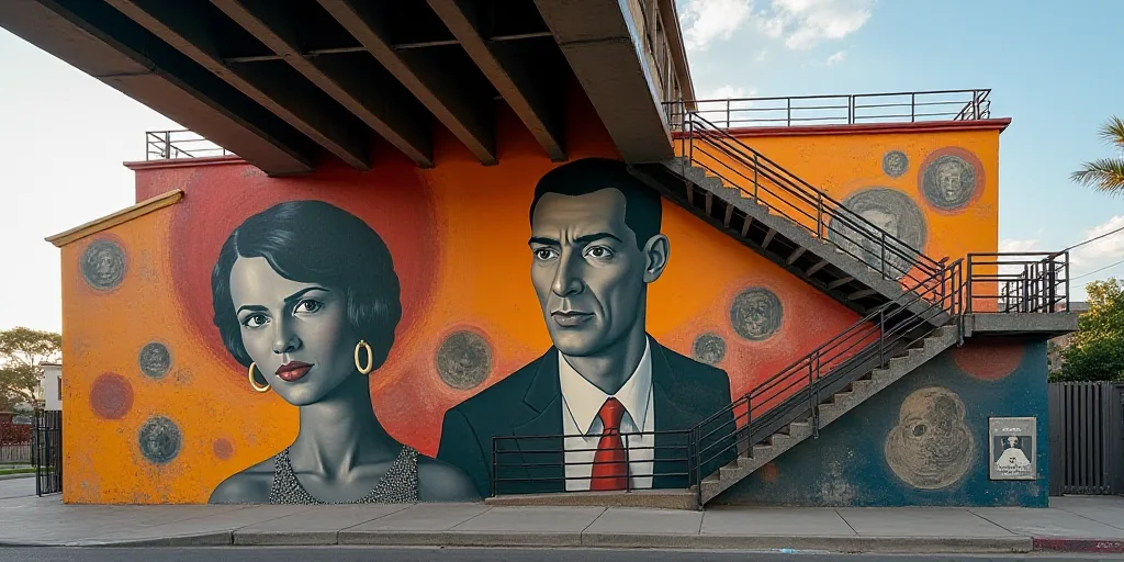 a large mural of a man and a woman on a building wall under a bridge with stairs and railing railing