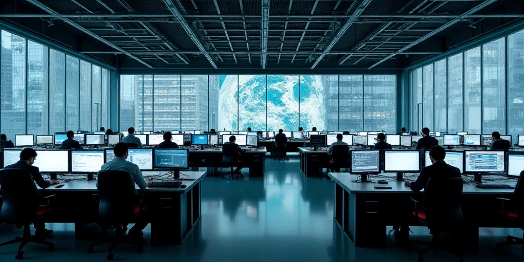 a large office with a lot of desks and monitors on the wall and people working on computers in the m