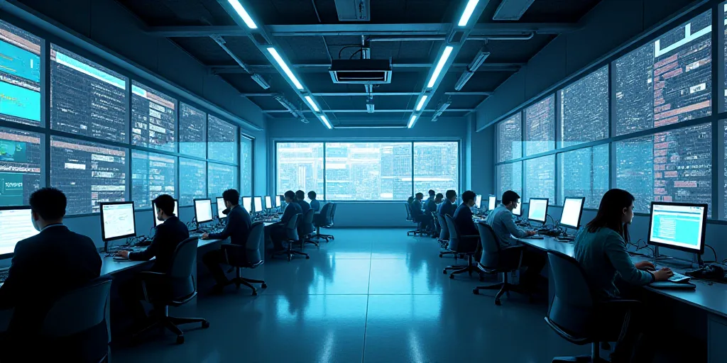 a large office with a lot of monitors and people working on computers in it's center area,, Enguerra