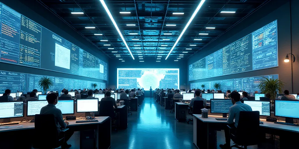 a large office with a lot of monitors and people working on computers in it's center area,, Enguerra