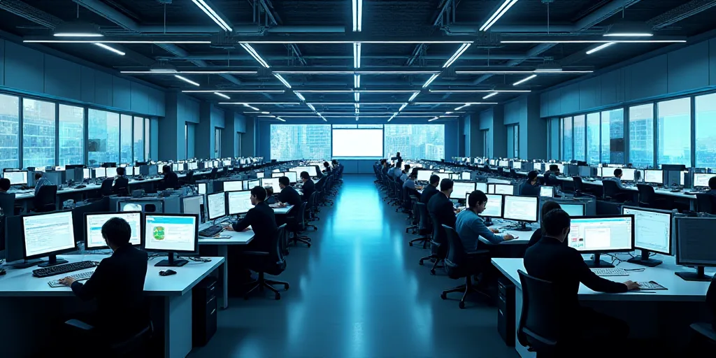 a large office with a lot of monitors and desks in it's center area, with people working on computer