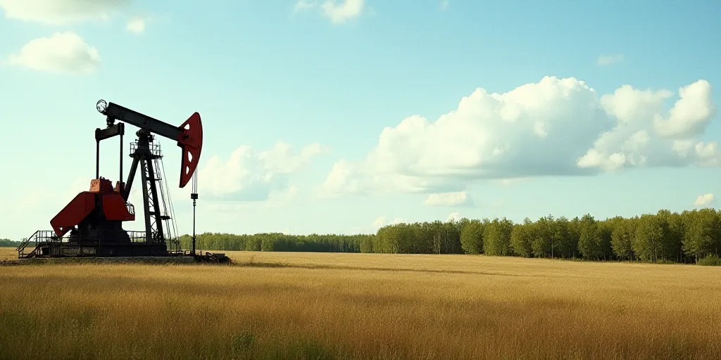 a large oil rig sitting in a field next to a field of grass and trees with a sky background, Ancell