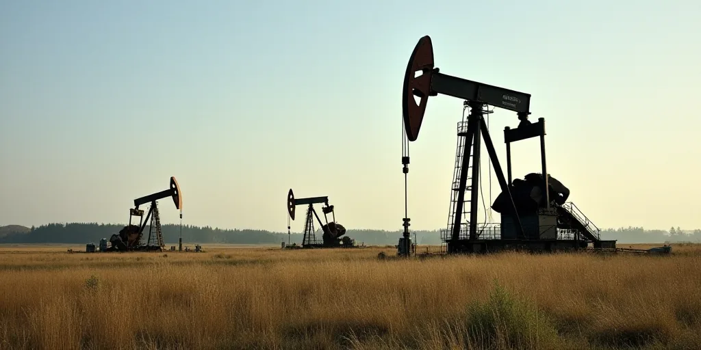 a large oil rig sitting in a field next to a field of grass and trees with oil pumps in the backgrou