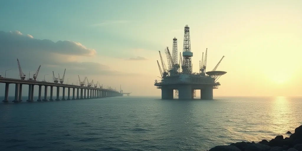 a large oil rig sitting on top of a large body of water next to a bridge over water with lots of cra
