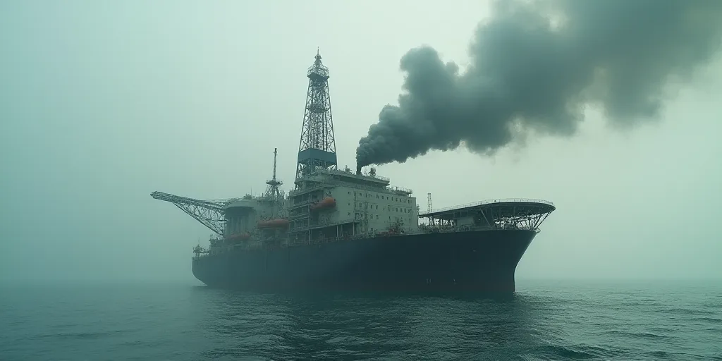 a large oil rig with a lot of smoke coming out of it's stacks of smokes on the water, Constant Perme