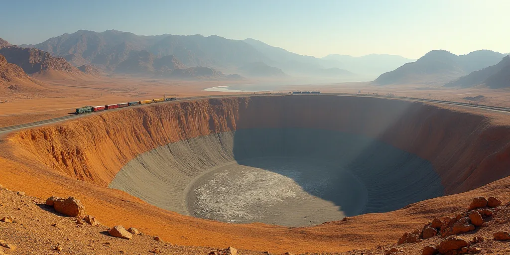 a large open pit with a train on it's tracks in the middle of a desert area with mountains in the ba