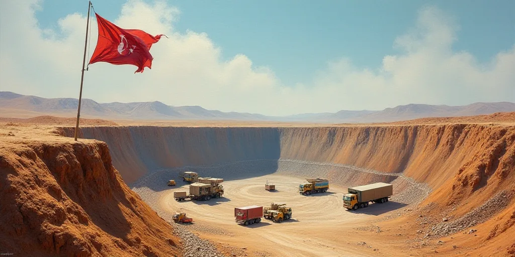a large open pit with trucks and trucks in it and a flag flying in the air next to it, Edi Rama, oil