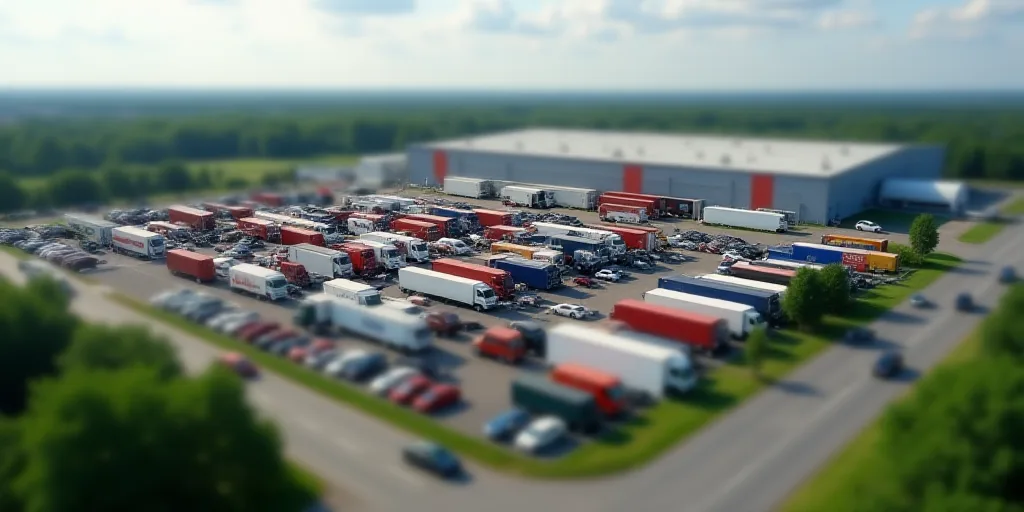 a large parking lot filled with lots of cars and trucks next to a factory building with a large amou