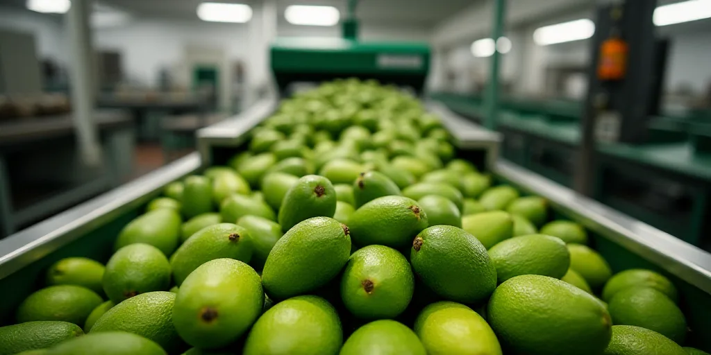 a large pile of avocados in a factory setting with a conveyor belt in the background and a machine i