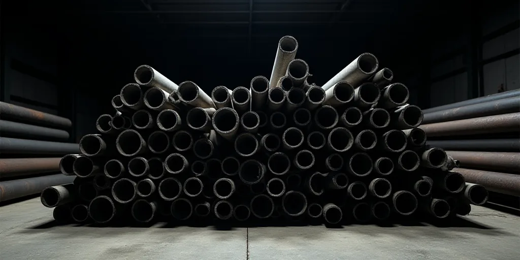 a large pile of pipes are stacked up in a warehouse area with a dark background and a few rows of th
