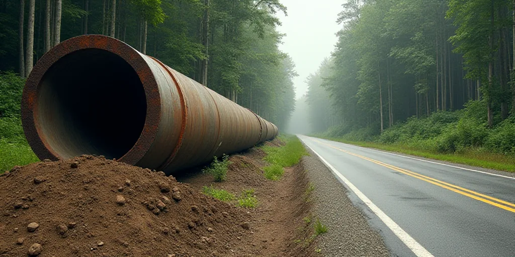 a large pipe laying on the side of a road next to a forest of trees and dirt on the side of the road