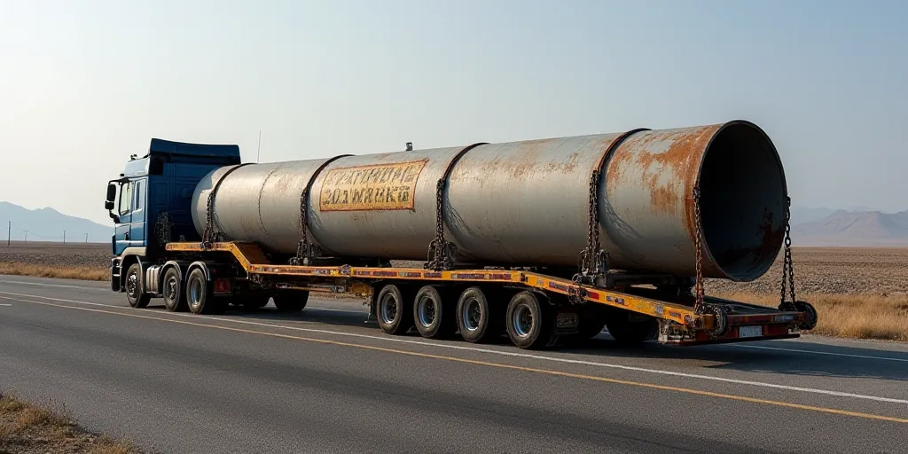 a large pipe with a sign on it sitting on a truck bed with chains on it's sides, Andries Stock, cabl