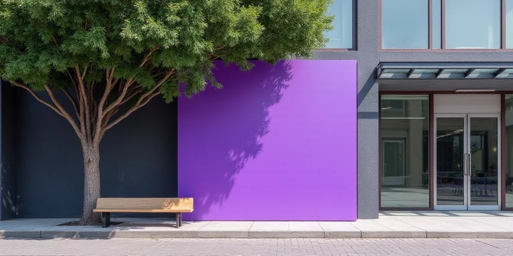 a large purple sign sitting in front of a building next to a tree and a bench in front of it, Cui Ba
