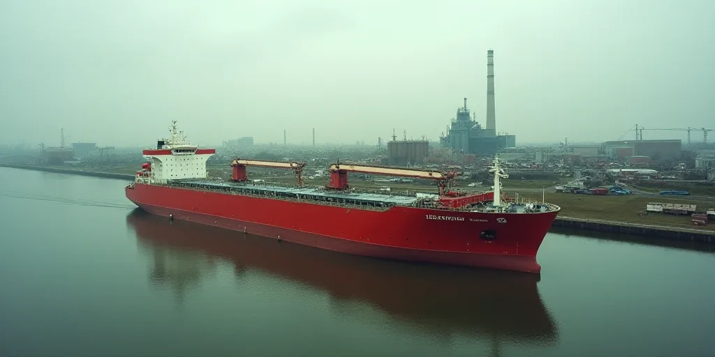 a large red boat floating on top of a river next to a large industrial area with a large factory, Co