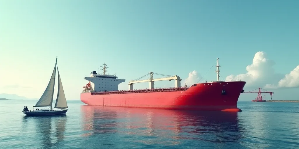 a large red ship in the water with a sailboat in the foreground and a crane in the background, Almad