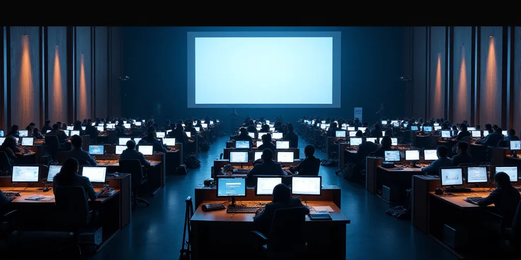 a large room filled with lots of people sitting at desks in front of a large screen tv screen, Aquir