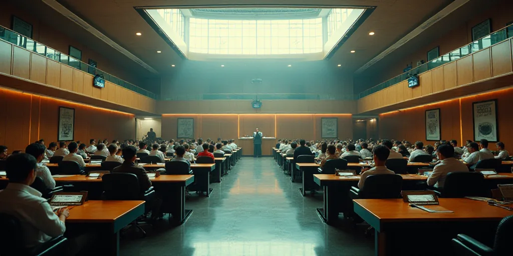 a large room filled with lots of chairs and desks with people sitting at them and standing around th