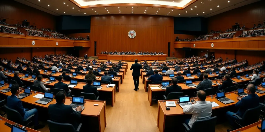 a large room filled with people sitting at desks and a speaker in the center of the room with a podi