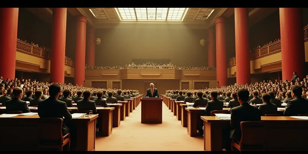 a large room filled with people sitting at desks and a speaker in the center of the room with a podi