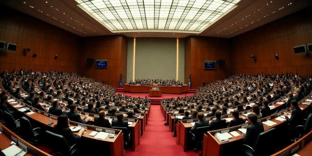 a large room filled with people sitting at desks and a speaker in the center of the room with a podi