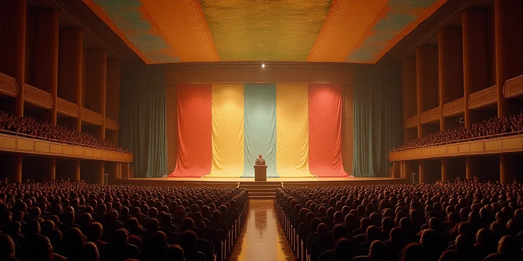 a large room filled with people and a stage with a flag on it's wall and a podium with a flag on it,