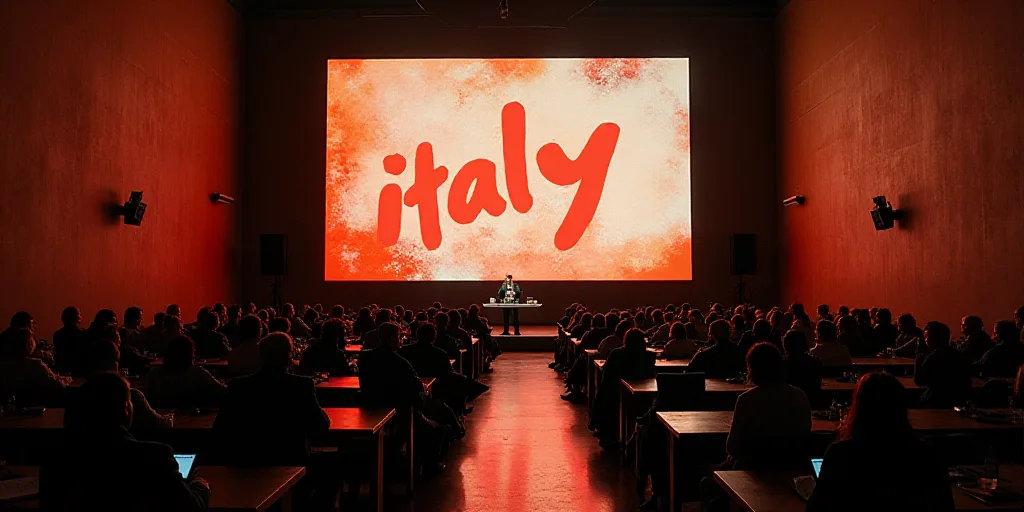 a large room filled with people sitting at tables and a big screen above them that says italy on it,