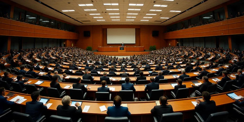 a large room filled with people sitting at desks and a speaker in the center of the room with a podi