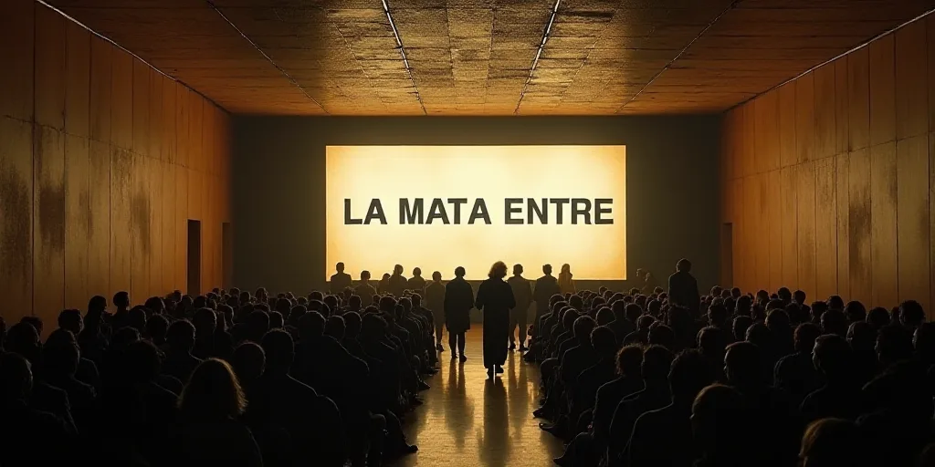 a large room with a bunch of people in it and a big screen on the wall above it that says la mata en